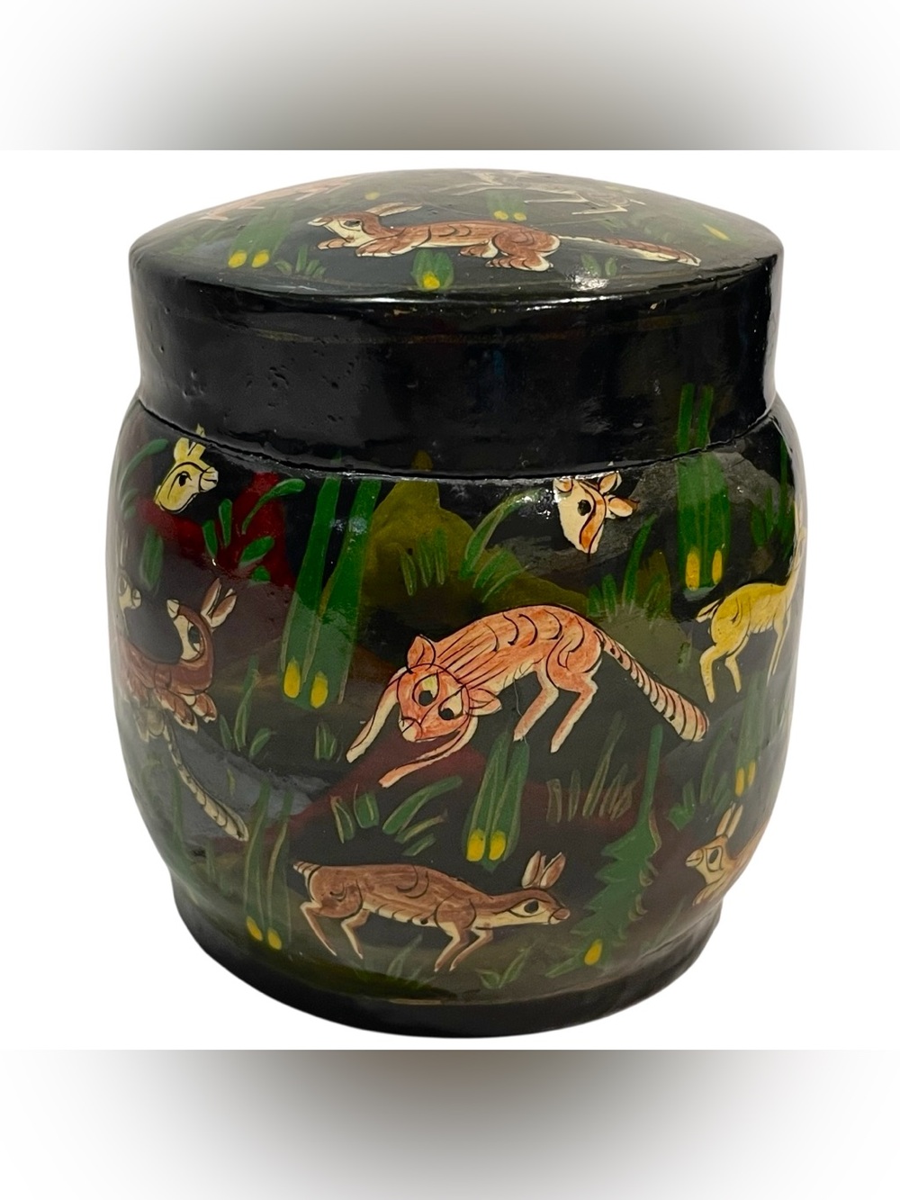 Vintage 1970s Kashmir India Lacquered Lidded Trinket Box Leaping Forest Animals